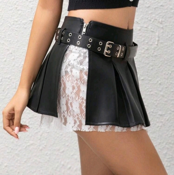 Fashionable Pleated Hem PU Leather Double-Layered See-Through Skirt